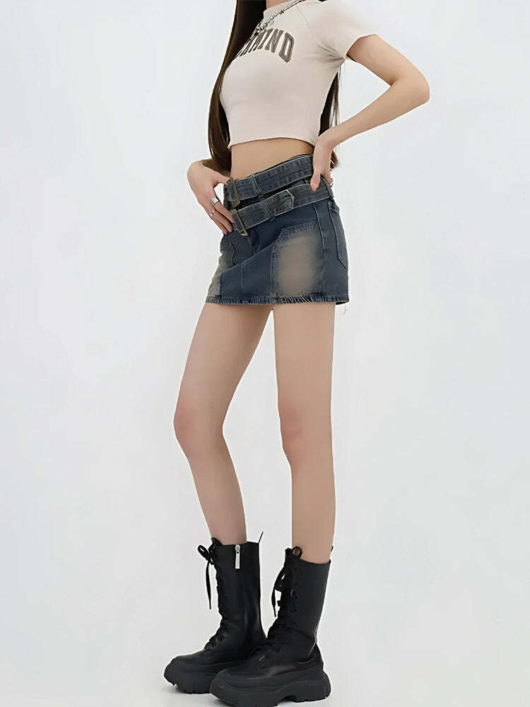 Trendy Double Belted Denim Mini Skort for Y2K Summer Outfits