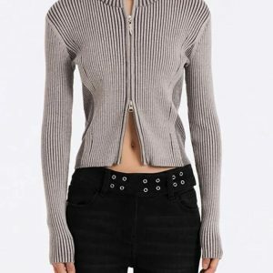 Trendy Double Zip-Up Distressed Corduroy Cardigan for Y2K Fashion