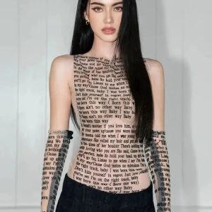 Trendy Letter Printed Top with Gloves for Y2K Aesthetic Outfits