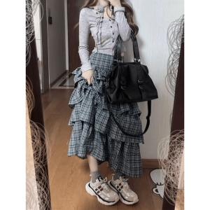 Trendy Long Plaid Y2K Skirt for Stylish Summer Outfits