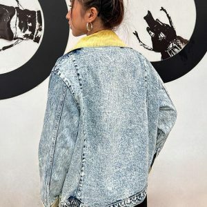 Trendy Mid Wash Patchwork Denim Jacket for Y2K and 90s Fashion Lovers