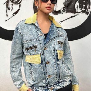 Trendy Mid Wash Patchwork Denim Jacket for Y2K and 90s Fashion Lovers