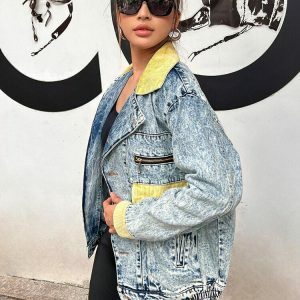 Trendy Mid Wash Patchwork Denim Jacket for Y2K and 90s Fashion Lovers