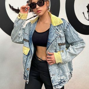 Trendy Mid Wash Patchwork Denim Jacket for Y2K and 90s Fashion Lovers