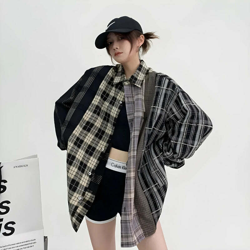 Trendy Multi-Pattern Plaid Shirt for Y2K and 90s Fashion Lovers