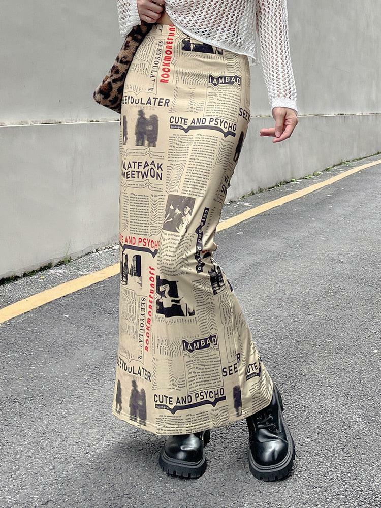 Trendy Newspaper Printed Maxi Skirt for Y2K Fashion Lovers