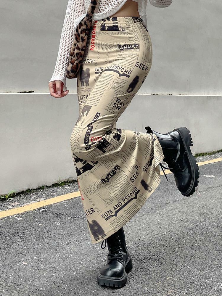 Trendy Newspaper Printed Maxi Skirt for Y2K Fashion Lovers