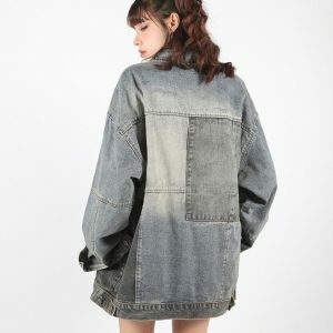 Trendy Patchwork Oversized Denim Jacket for Y2K and 90s Fashion Lovers