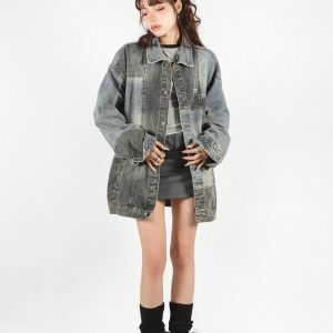 Trendy Patchwork Oversized Denim Jacket for Y2K and 90s Fashion Lovers