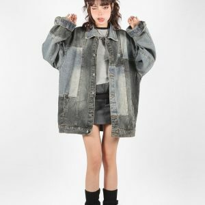 Trendy Patchwork Oversized Denim Jacket for Y2K and 90s Fashion Lovers