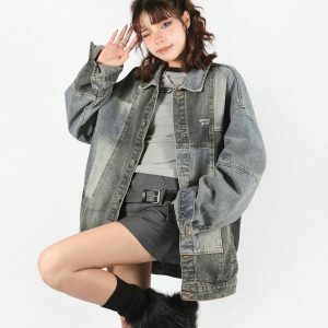 Trendy Patchwork Oversized Denim Jacket for Y2K and 90s Fashion Lovers