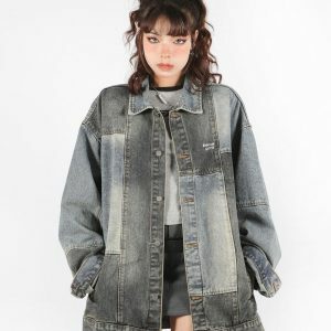 Trendy Patchwork Oversized Denim Jacket for Y2K and 90s Fashion Lovers