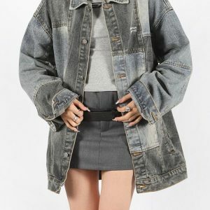 Trendy Patchwork Oversized Denim Jacket for Y2K and 90s Fashion Lovers