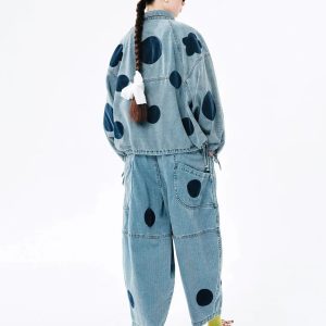 Trendy Polka Dot Denim Jacket for Y2K Fashion Lovers