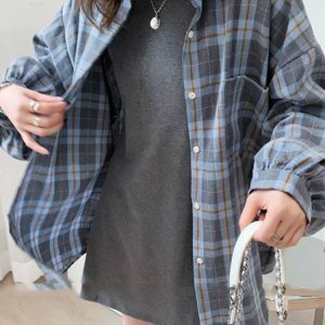 Trendy Puff Sleeve Plaid Shirt for Y2K Fashion & 90s Aesthetic Vibes