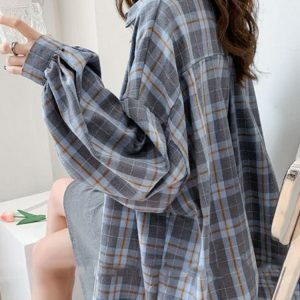 Trendy Puff Sleeve Plaid Shirt for Y2K Fashion & 90s Aesthetic Vibes