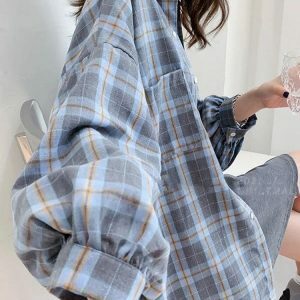 Trendy Puff Sleeve Plaid Shirt for Y2K Fashion & 90s Aesthetic Vibes