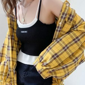 Trendy Puff Sleeve Plaid Shirt for Y2K Fashion & 90s Aesthetic Vibes