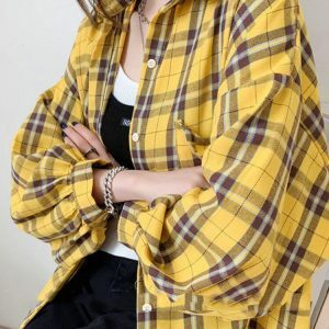 Trendy Puff Sleeve Plaid Shirt for Y2K Fashion & 90s Aesthetic Vibes