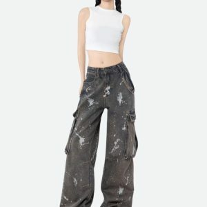 Trendy Stained Cargo Jeans for Y2K Fashion and Grunge Aesthetic