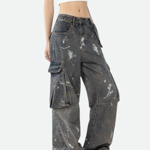 Trendy Stained Cargo Jeans for Y2K Fashion and Grunge Aesthetic