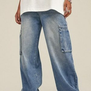 Trendy Washed Baggy Cargo Jeans for Y2K and 90s Fashion Lovers