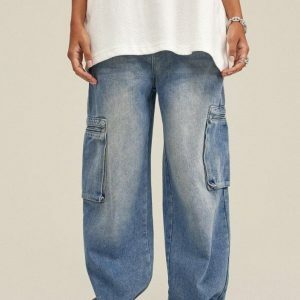 Trendy Washed Baggy Cargo Jeans for Y2K and 90s Fashion Lovers