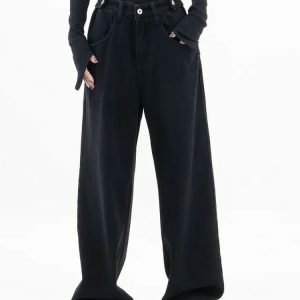 Trendy Y2K Baggy Denim Jeans with Adjustable Waist for Effortless Style