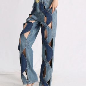 Trendy Y2K Cut Out Denim Jeans - Stylish 90s Inspired Fashion