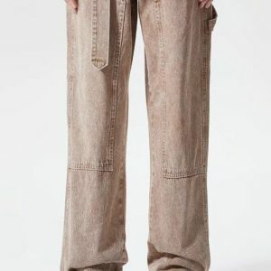 Trendy Y2K Drawstring Belt Straight Leg Jeans for Effortless Style