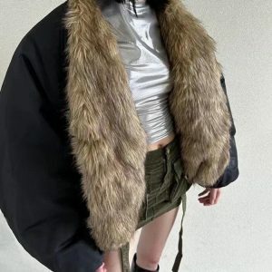 Trendy Y2K Faux Fur Puffer Jacket for Ultimate Winter Aesthetic