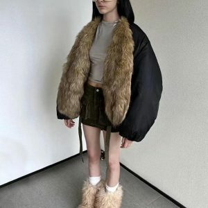 Trendy Y2K Faux Fur Puffer Jacket for Ultimate Winter Aesthetic