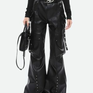 Trendy Y2K Faux Leather Cargo Pants for Chic Summer Outfits