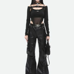 Trendy Y2K Faux Leather Cargo Pants for Chic Summer Outfits