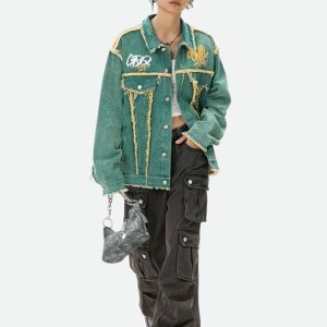 Trendy Y2K Green Denim Jacket for Stylish Summer Outfits