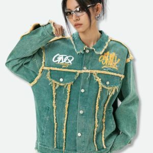 Trendy Y2K Green Denim Jacket for Stylish Summer Outfits