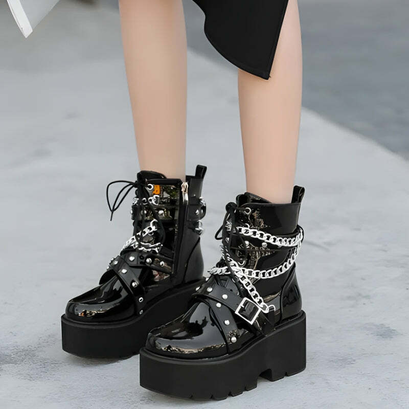 Trendy Y2K Patent Leather Boots for Grunge and 90s Fashion Lovers