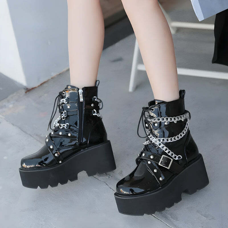 Trendy Y2K Patent Leather Boots for Grunge and 90s Fashion Lovers