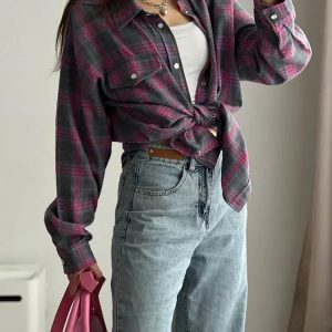 Trendy Y2K Plaid Shirt: Vintage-Inspired Grunge Aesthetic Top