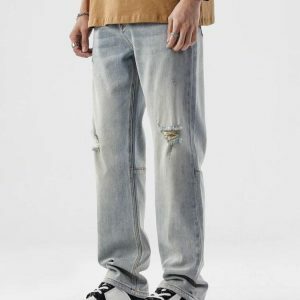 Trendy Y2K Straight Leg Distressed Knee Jeans for Effortless Style