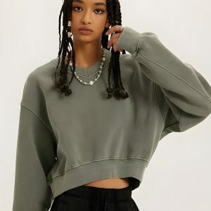 V-Neck Drop Shoulder Cropped Sweatshirt for Y2K Aesthetic Outfits