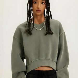 V-Neck Drop Shoulder Cropped Sweatshirt for Y2K Aesthetic Outfits