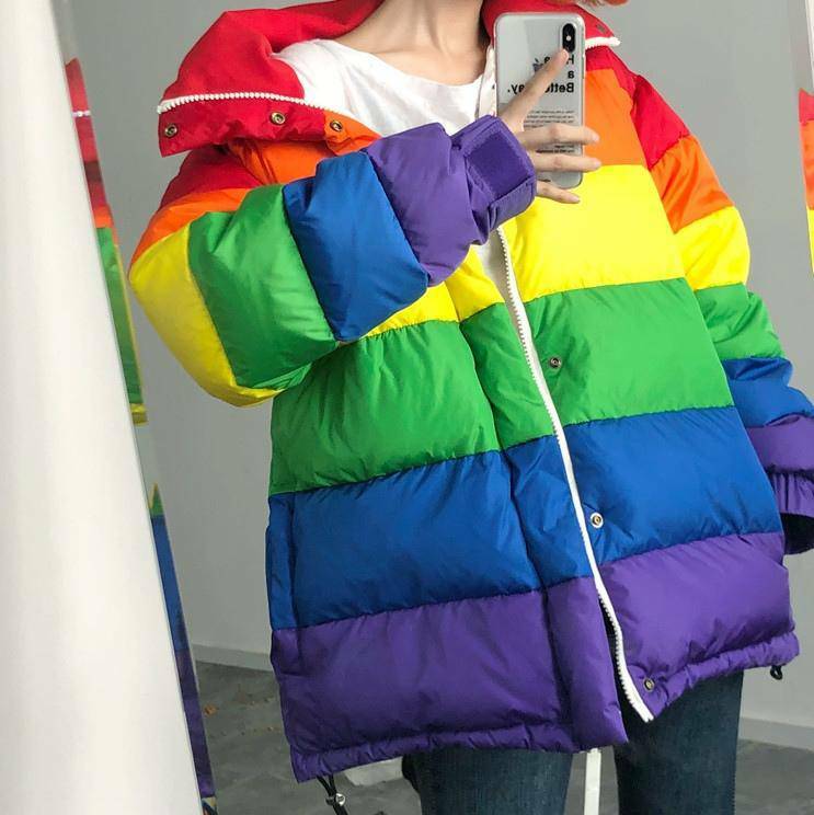 Vibrant Y2K Puffy Rainbow Jacket for Trendy Summer Outfits