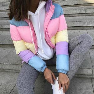 Vibrant Y2K Rainbow Winter Jacket for Trendy Aesthetic Outfits