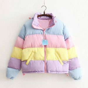 Vibrant Y2K Rainbow Winter Jacket for Trendy Aesthetic Outfits