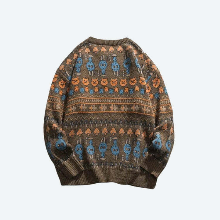 Vintage Animal Figures Y2K Knitted Sweater for Cozy Aesthetic Style