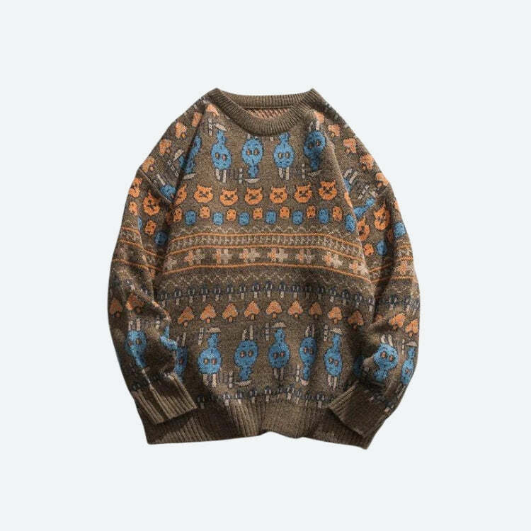 Vintage Animal Figures Y2K Knitted Sweater for Cozy Aesthetic Style