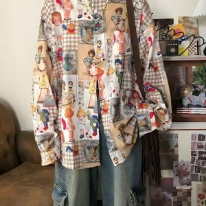 Vintage Cartoon Oversized Shirt - Y2K Aesthetic Grunge Style Top