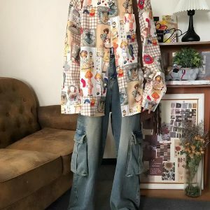 Vintage Cartoon Oversized Shirt - Y2K Aesthetic Grunge Style Top