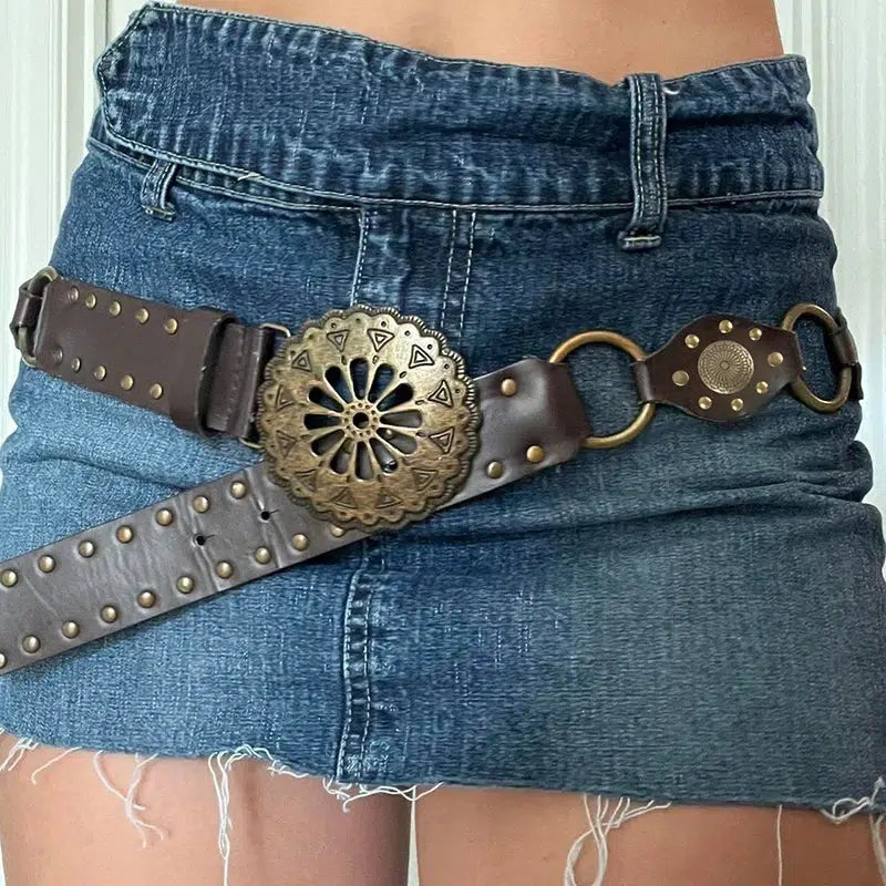 Vintage Ethnic Buckle Belt for Y2K Fashion & 90s Aesthetic Outfits